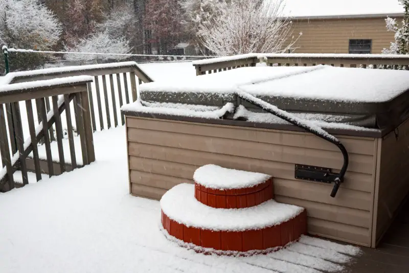 covered hot tub in a snow storm